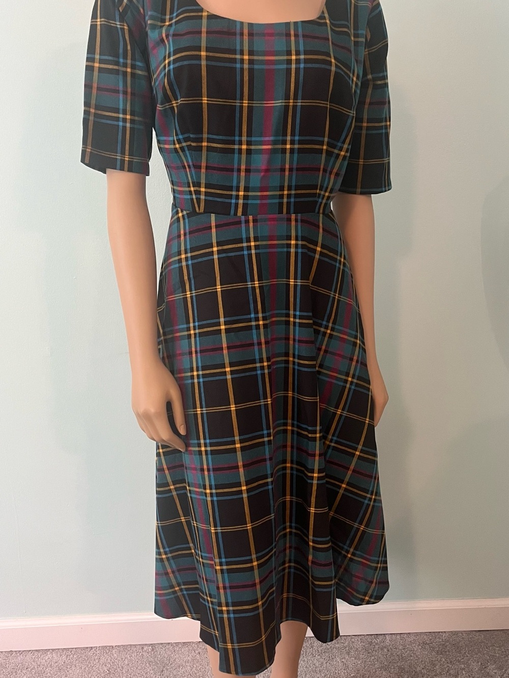 Collectif Black Plaid Midi Dress with Teal and Yellow Stripes